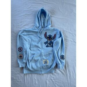 Disney's Stitch Blue Zip Up Drawstring Hoodie, Size Small, Patches, Pockets
